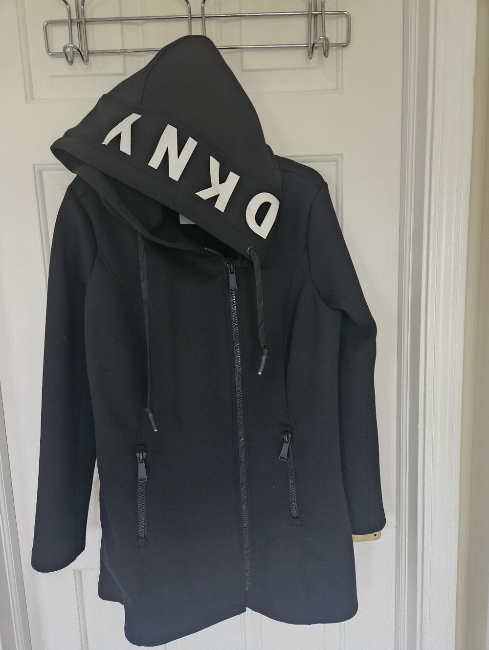 DKNY Black Hooded Zip Coat with Logo Hood